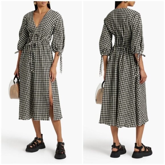 💕ALTUZARRA💕 Donrine Seersucker Gingham Midi Dress ~ Black Ivory 42 EU NWT - Picture 5 of 16